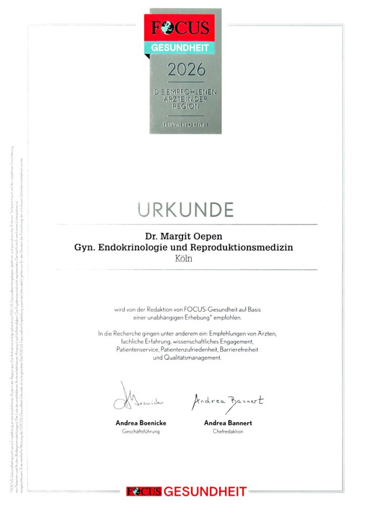 Focus Urkunde 2026 - Empfohlene Ärzte in de Region - Gyn. Endokrinologie und Reproduktionsmedizin Köln